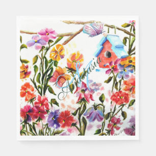 BIRD HOUSE IN WHIMSICAL GARDEN MONOGRAM PARTY PAPER NAPKINS
