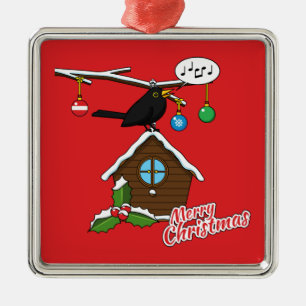 Bird House Merry Christmas Metal Ornament