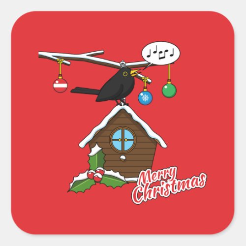 Bird House Merry Christmas Square Sticker