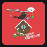 Bird House Merry Christmas Square Sticker<br><div class="desc">An illustration of a bird house with Christmas decorations of holly berries and hanging balls where a Blackbird is happily singing and wishes you a Merry Christmas. The roof is covered with snow. This design is made for winter holiday celebration and bird lovers.</div>