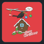Bird House Merry Christmas Square Sticker<br><div class="desc">An illustration of a bird house with Christmas decorations of holly berries and hanging balls where a Blackbird is happily singing and wishes you a Merry Christmas. The roof is covered with snow. This design is made for winter holiday celebration and bird lovers.</div>