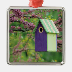 Bird House On A Redbud Tree Metal Ornament