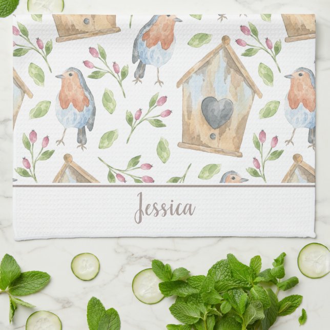 Bird house watercolor spring kitchen towel (Folded)