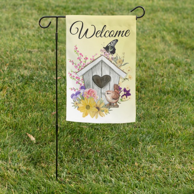 Bird House with Flowers on Yellow Welcome Garden Flag (In SItu)