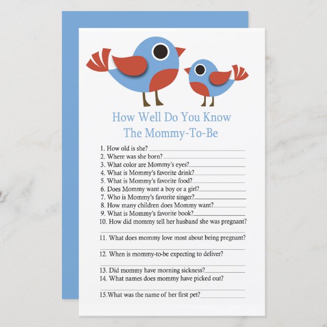 Bird How well do you know baby shower game (Front/Back)