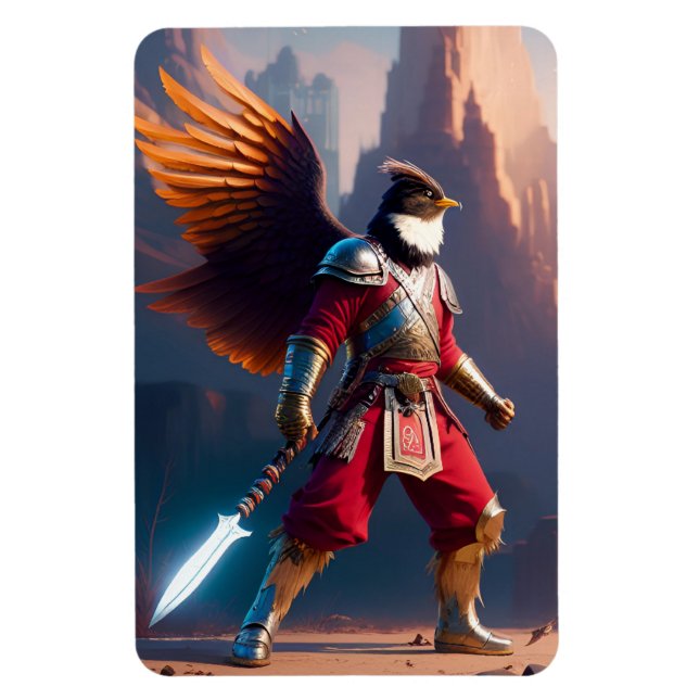 Bird humanoid with warrior gear and sword magnet (Vertical)