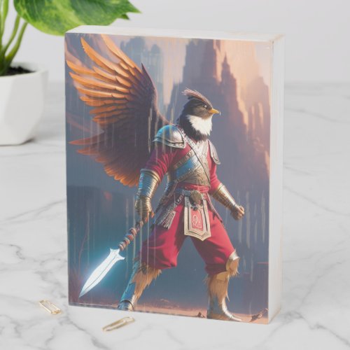 Bird humanoid with warrior gear and sword wooden box sign