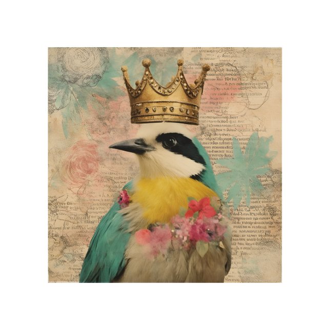 Bird in a Crown Collage Wood Wall Art (Front)