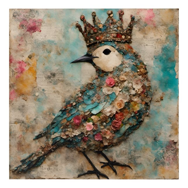 Bird in a Crown Mixed Media Collage Acrylic Print (Front)