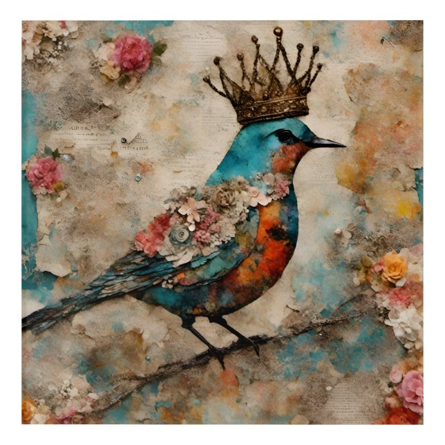 Bird in a Crown Mixed Media Collage Acrylic Print (Front)