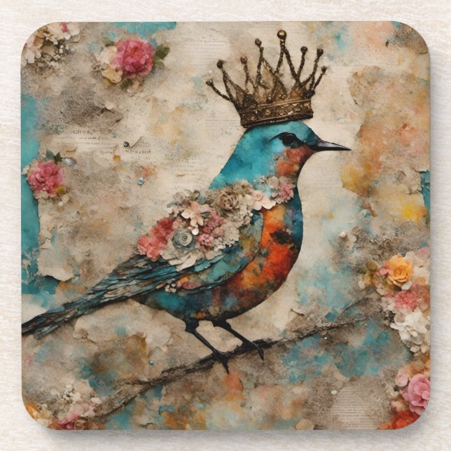 Bird in a Crown Mixed Media Collage Beverage Coaster (Front)