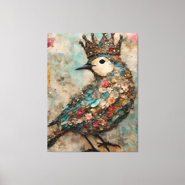 Bird in a Crown Mixed Media Collage Canvas Print (Front)