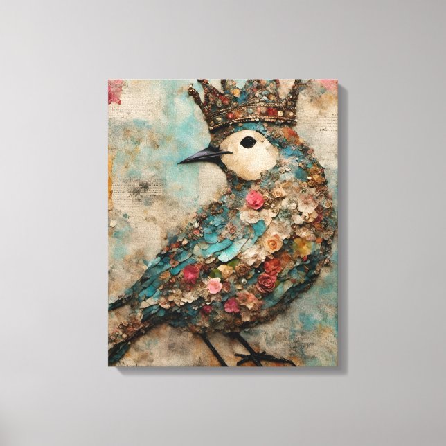 Bird in a Crown Mixed Media Collage Canvas Print (Front)