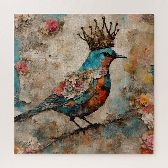 Bird in a Crown Mixed Media Collage Jigsaw Puzzle (Vertical)