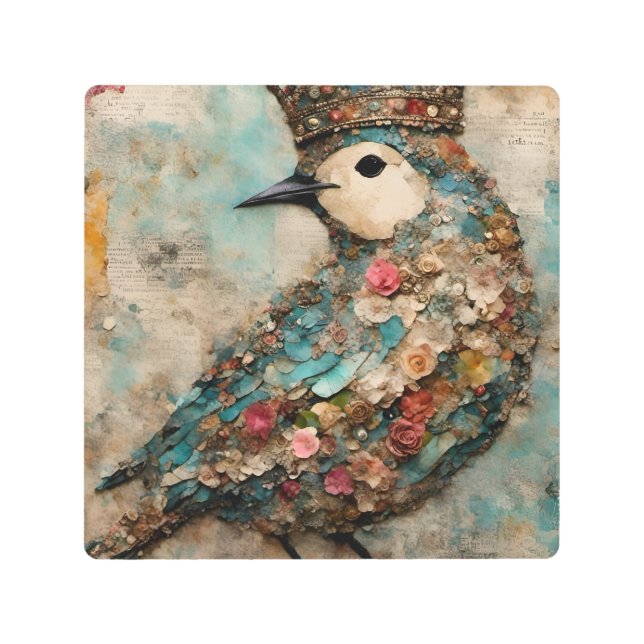 Bird in a Crown Mixed Media Collage Metal Print (Front)