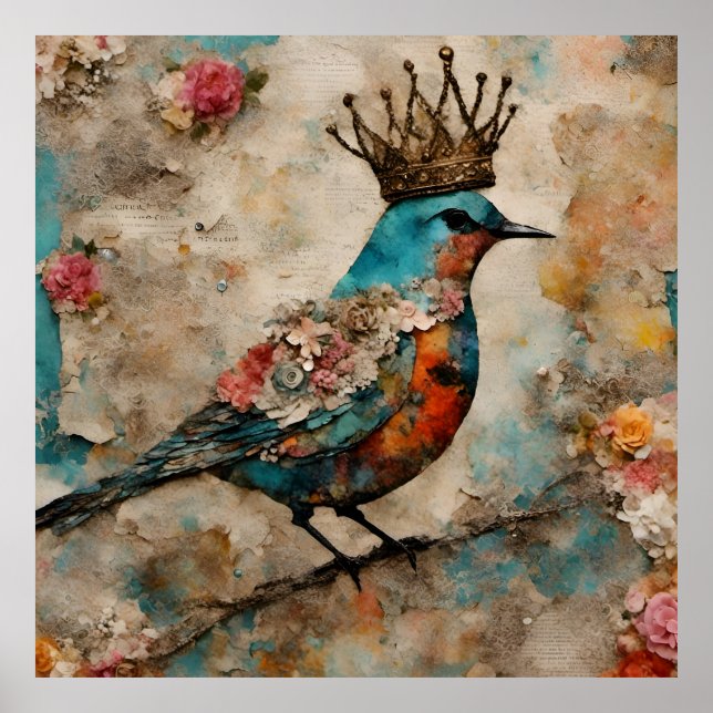 Bird in a Crown Mixed Media Collage Poster (Front)