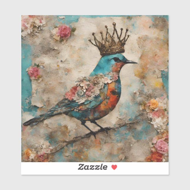 Bird in a Crown Mixed Media Collage Sticker (Sheet)