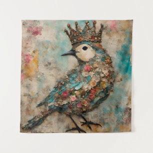 Bird in a Crown Mixed Media Collage Tapestry