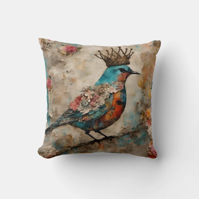 Bird in a Crown Mixed Media Collage Throw Pillow (Front)