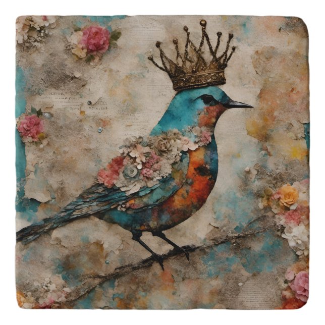 Bird in a Crown Mixed Media Collage Trivet (Front)