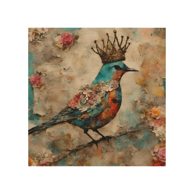 Bird in a Crown Mixed Media Collage Wood Wall Art (Front)