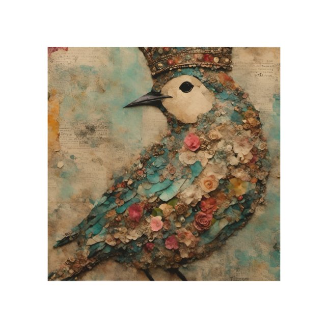 Bird in a Crown Mixed Media Collage Wood Wall Art (Front)