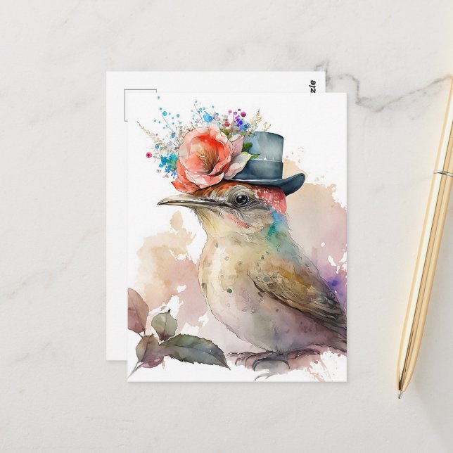 Bird in a Fancy Hat with Flowers Watercolor Postcard (Front/Back In Situ)