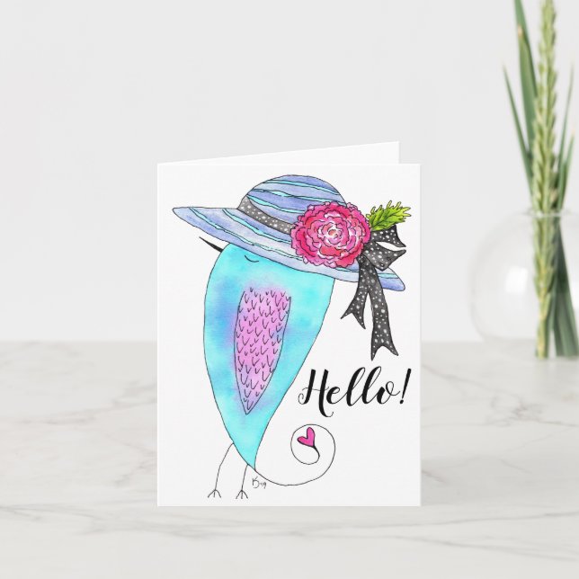 Bird in a Floral Hat Hello Greeting Card (Front)