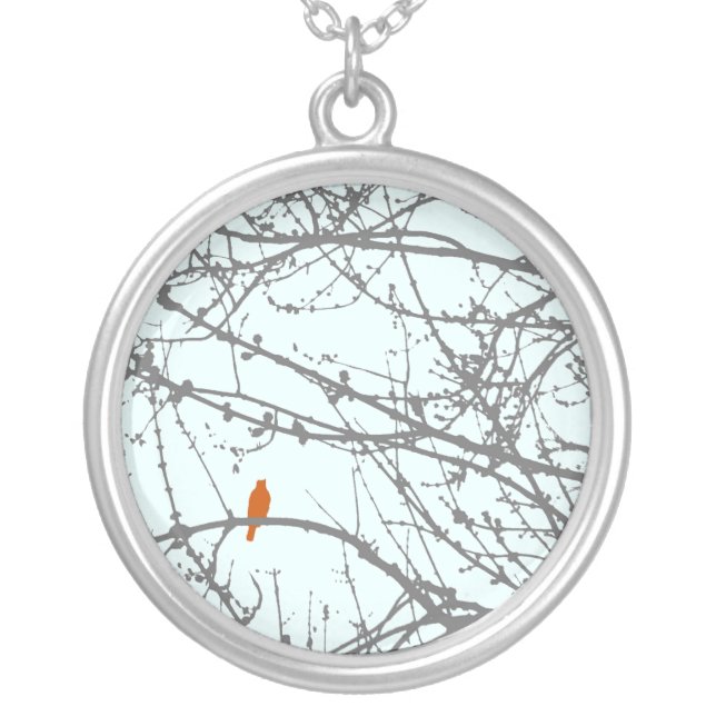 bird in a maple silver plated necklace (Front)