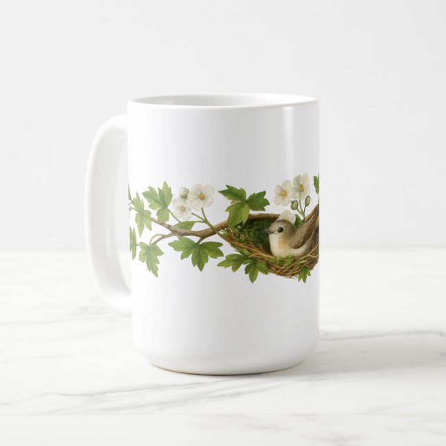 Bird In Bird Nest On Flowering Branches Coffee Mug (Front Left)