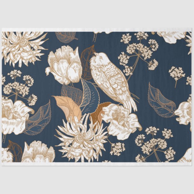 Bird in Bloom Navy White and Gold Tissue Paper (Front)