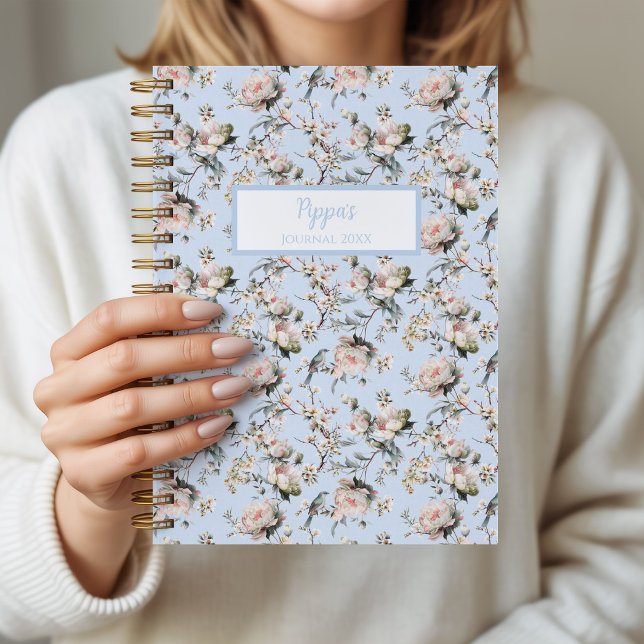 Bird in Blossom Blue Personalized Journal Notebook (Bird in Blossom Blue notebook)