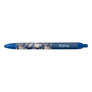 Bird in Blossom Flowers Navy Blue Custom Name Pen