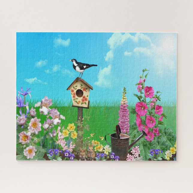 Bird in Flower Garden | Colorful Jigsaw Puzzle (Horizontal)