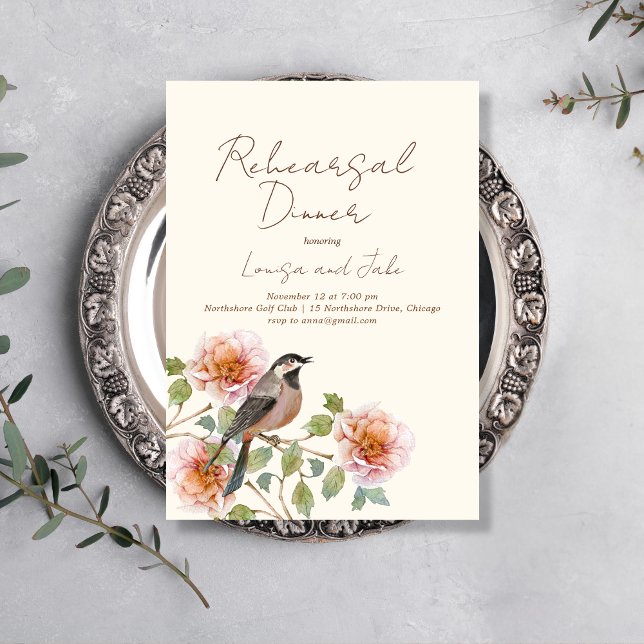 Bird in Flowering Branches Rehearsal Dinner Invitation (Creator Uploaded)