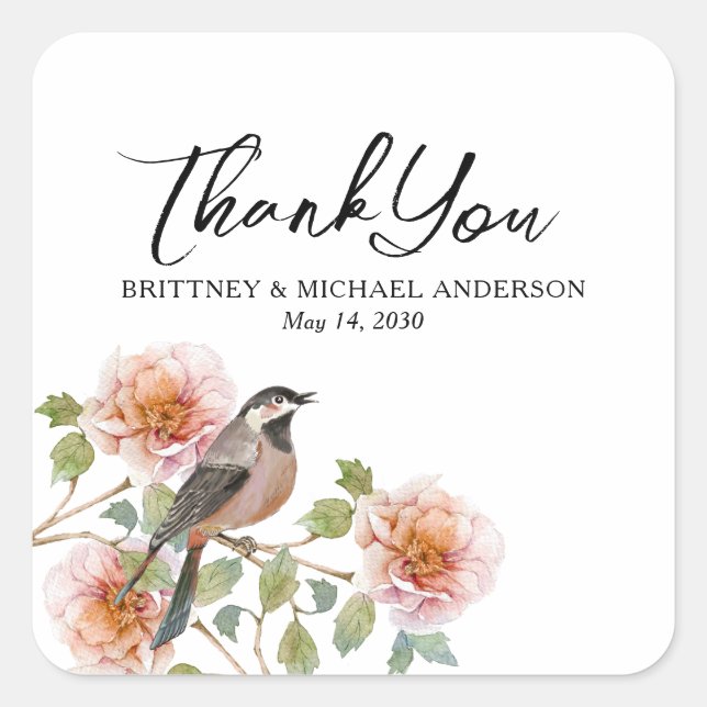 Bird in Flowers Wedding Square Sticker (Front)