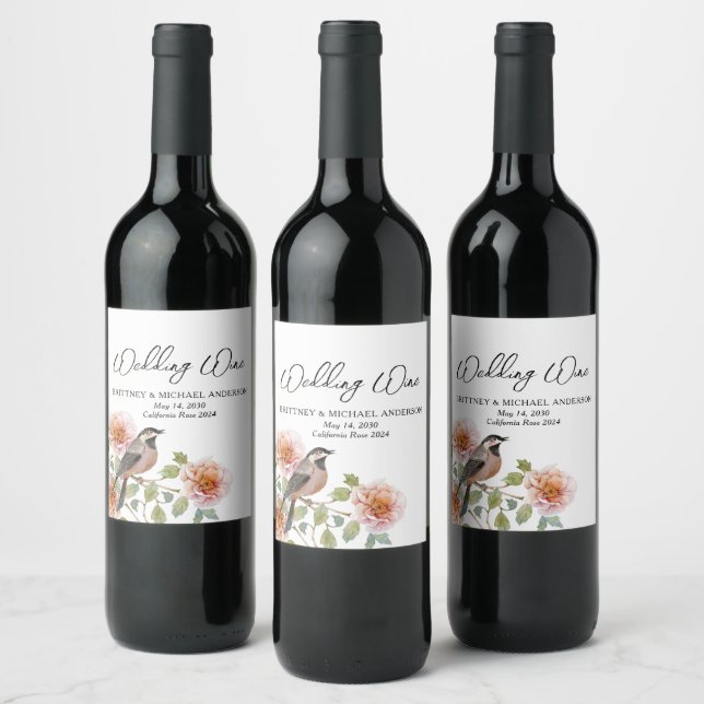 Bird in Flowers Wedding Wine Label (Bottles)