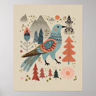 Bird in Forest - Cuckoo in Bloom Folk Art Poster