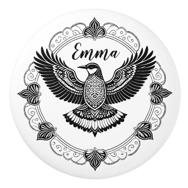 Bird in Mandala Ceramic Knob (Front)