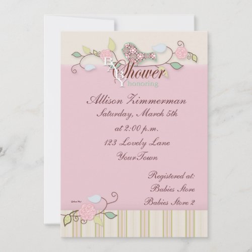 Bird in Pink &amp; Greens Baby Shower Invitation