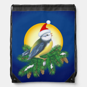 Bird in Santa Hat Drawstring Bag