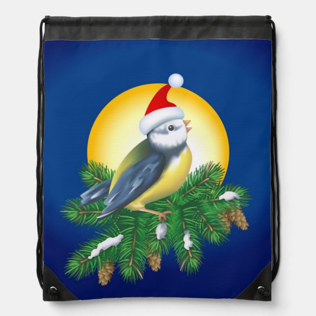 Bird in Santa Hat Drawstring Bag (Front)
