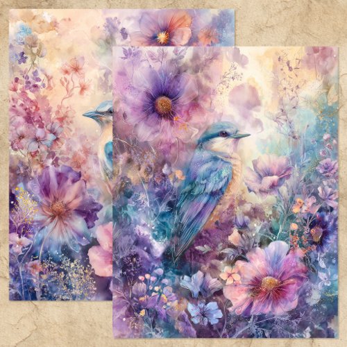 BIRD IN SPRING FLORAL GARDEN SCRAPBOOK PAPER