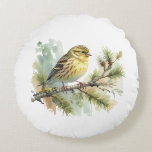 Bird in Spring Watercolor Round Pillow