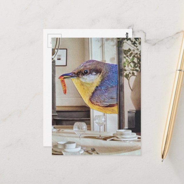 bird in the dining room surreal collage art postcard (Front/Back In Situ)