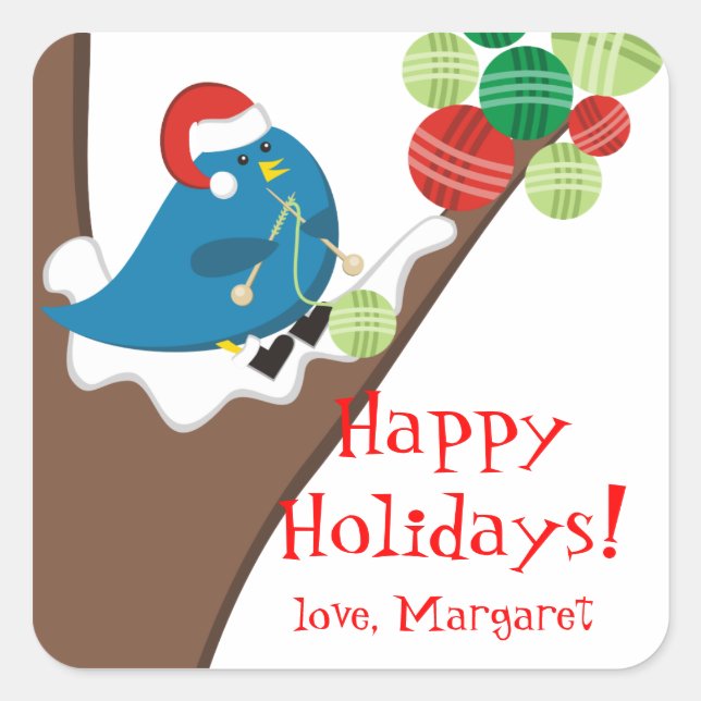 Bird knitting needles yarn Christmas holiday label (Front)