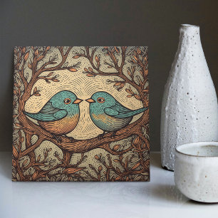 Bird Love Vintage Muted Blue Art Nouveau Ceramic Tile