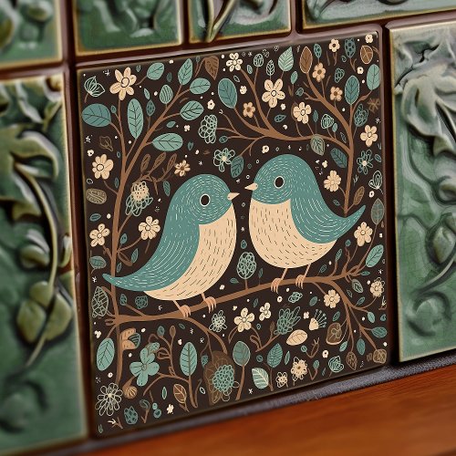 Bird Love Vintage Muted Brown Blue Art Nouveau Ceramic Tile