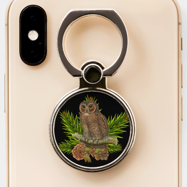 Bird Lover Owl and Pine Branch  Phone Ring Stand (Close Up)