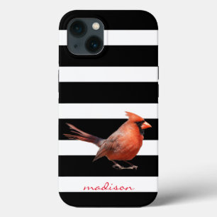 Bird Lover! Red Cardinal on B&W Stripes, w Name iPhone 13 Case